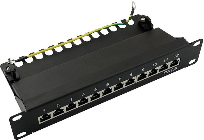 Crna mrežna zaklopka s dvanaest Ethernet priključaka, numeriranih od 1 do 12, s oznakom CAT.6.