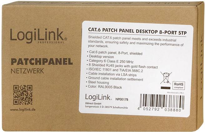 Paket mrežnog patch panela LogiLink Desktop, CAT.6, 8 portova, STP. Sadrži specifikacije poput zaštićenih RJ45 utičnica i usklađenog dizajna.
