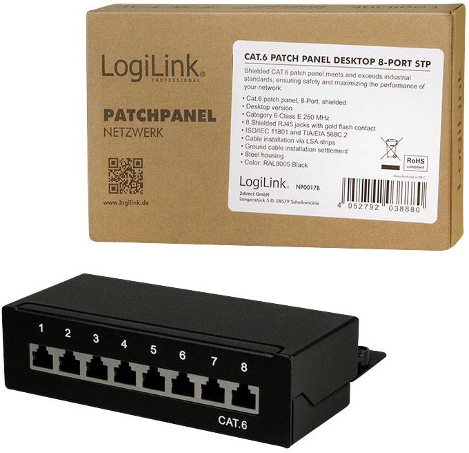 LogiLink CAT.6 mrežni panel s 8 portova za mrežne kabele. Idealan za stolnu upotrebu, crne boje, uključujući ambalažu s informacijama o modelu.