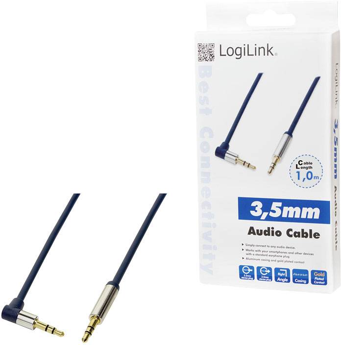 Audio kabel s 3,5 mm utikačem, LogiLink pakiranja prikazuje kabel u različitim pozicijama, duljina 1,0 m.
