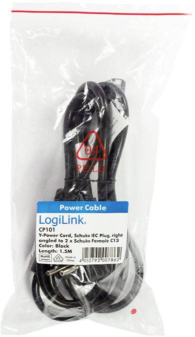 Plastična ambalaža s crnim mrežnim kabelom marke LogiLink, model CP101. Duljina: 1,5 m. Ambalaža prikazuje simbol za reciklažu.