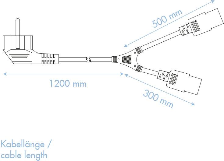 'Ilustracija kabela s tri priključka. Glavno kabel dugačko 1200 mm, razdvojeni kabeli duljine 300 mm i 500 mm.'