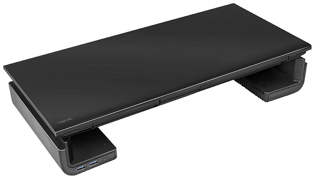 Crni stalak za laptop tvrtke Logitech s dva USB priključka na lijevoj strani. Dizajniran za ergonomsko optimiziranje radnog prostora.