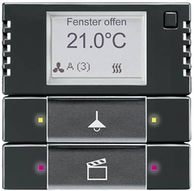 Crna regulacija grijanja s zaslonom koji prikazuje 'Prozor otvoren 21.0°C'. Prisutni simboli za ventilaciju i grijanje.