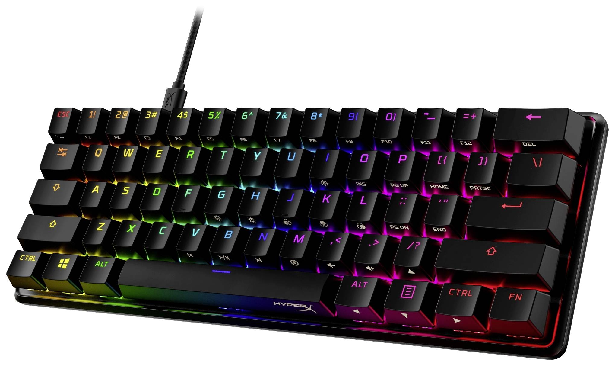 Mehanička tipkovnica s RGB osvjetljenjem. Tipke su osvjetljene u različitim bojama, s kompaktnim rasporedom bez numeričkog bloka.