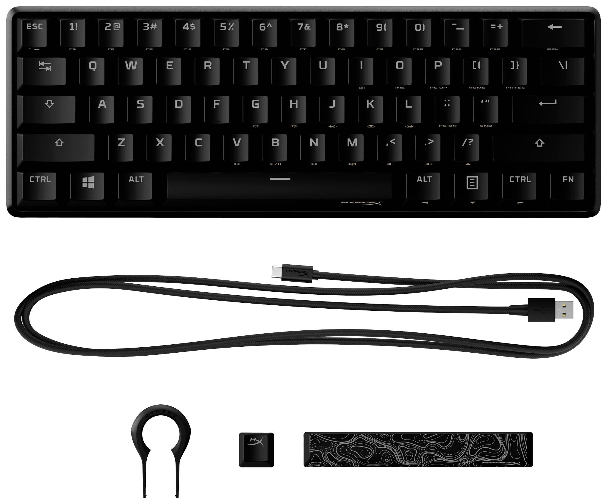 Tipkovnica crnog dizajna, US raspored. Uključeni su USB kabel, alat za skidanje tipki i dodatna šira tipka.