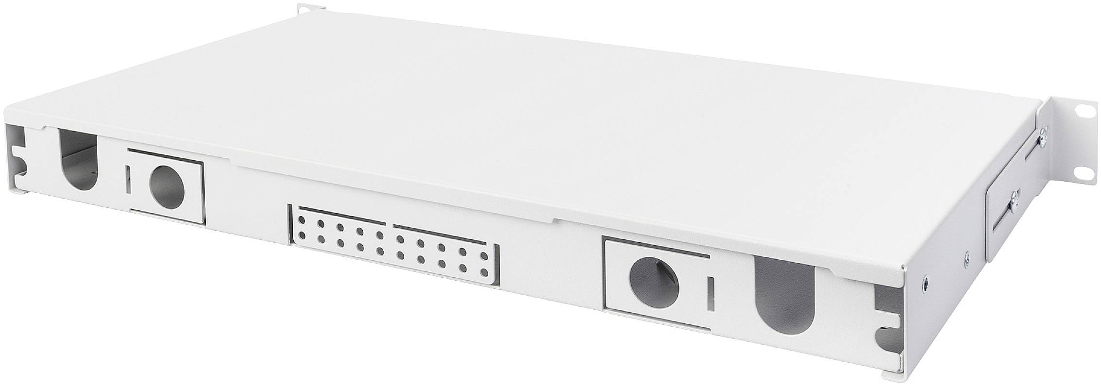 Bijelo, pravokutno kućište za stalak izrađeno od metala s više okruglih i pravokutnih otvora za kablove ili priključke.