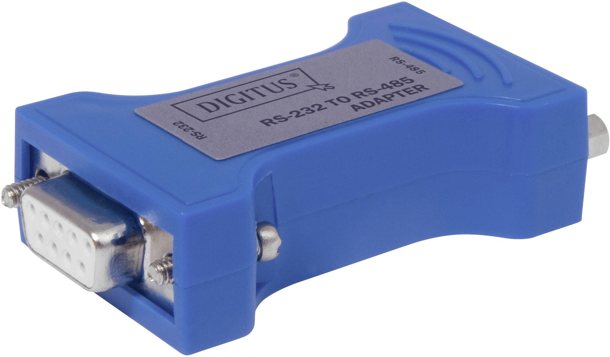 Plavi adapter s natpisom 'RS-232 do RS-485 ADAPTER', korišten za povezivanje različitih sučelja u elektronici.