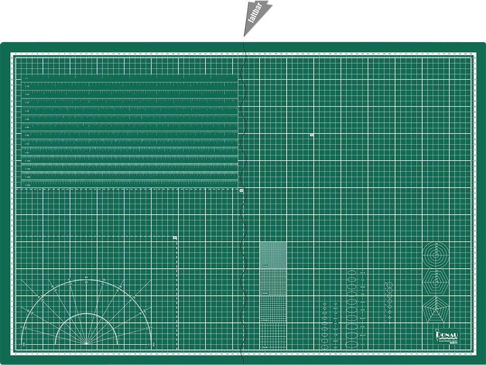 Zelena rezna podloga s centimetarskom mrežom i geometrijskim uzorcima, idealna za precizno rezanje i ručne radove.