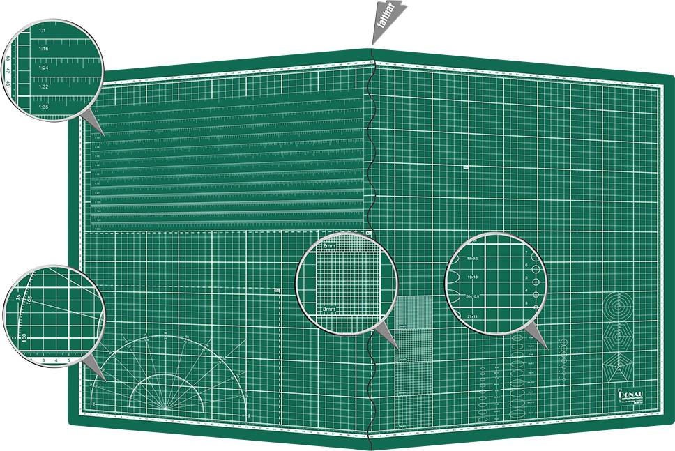 Zelena podloga za rezanje s bijelim mrežastim linijama, različitim mjerilima i kutovima, idealna za precizno rezanje i ručne radove.