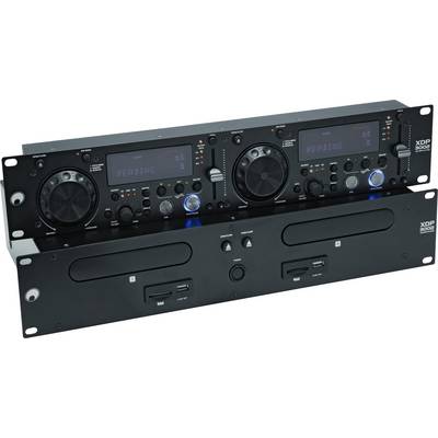 Dvostruki CD player DJ kontroler s dva zaslona, okretnim gumbima i tipkovnicom na prednjoj ploči, pogodan za profesionalnu audio upotrebu.