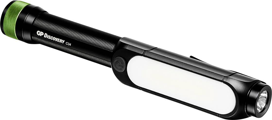 Crna štapna lampa sa zelenim akcentom, pravokutnim bočnim svjetlom i okruglim prednjim svjetlom, korištena za osvjetljavanje.