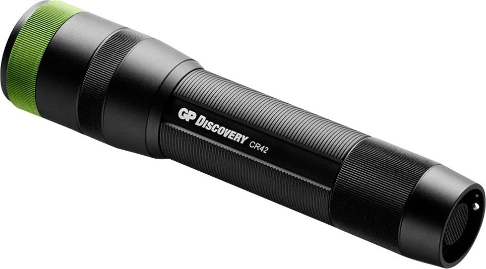 Crna baterijska lampica s zelenim detaljom na kraju, označena oznakama 'GP Discovery CR42'.