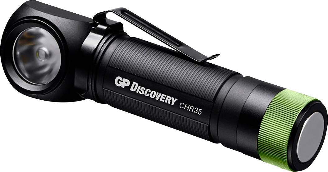 Kompaktna crna baterijska lampa s bočnim kopčom i zelenim svjetlosnim elementom na kraju, na kojoj piše 'GP Discovery CHR35'.