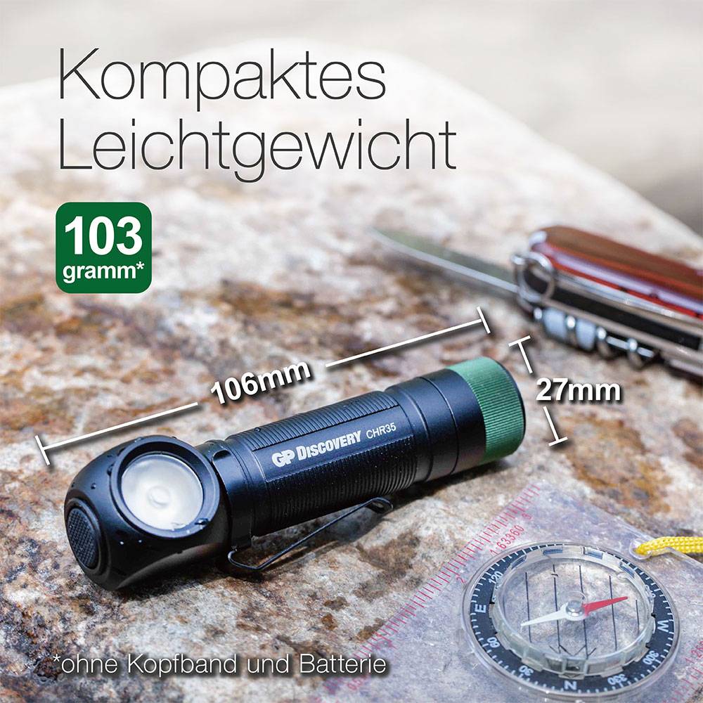 'Baterijska svjetiljka i džepni nož na kamenu. Tekst: Kompaktna lagana oprema, 103 grama, 106 mm x 27 mm, bez trake za glavu i baterije.'