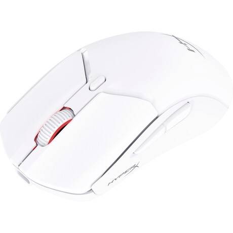 Bijeli gaming miš s crvenim kotačićem za pomicanje i bočnim tipkama, pogodan za precizno i udobno upravljanje tijekom igranja.