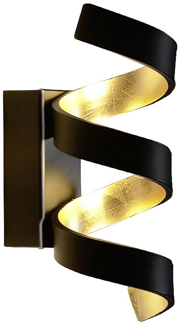 Crna, spiralna zidna lampa s unutarnjom stranom u zlatnoj boji koja zrači toplim svjetlom. Pogodna za moderne unutarnje prostore.