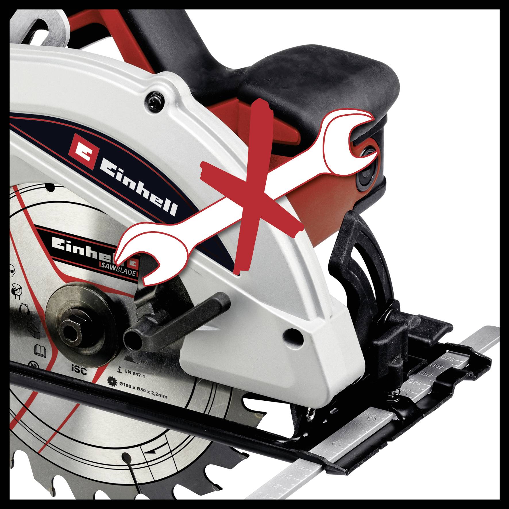 Ručna kružna pila Einhell s crvenim 'X' znakom i grafikom prekriženog ključa koja zabranjuje popravak.