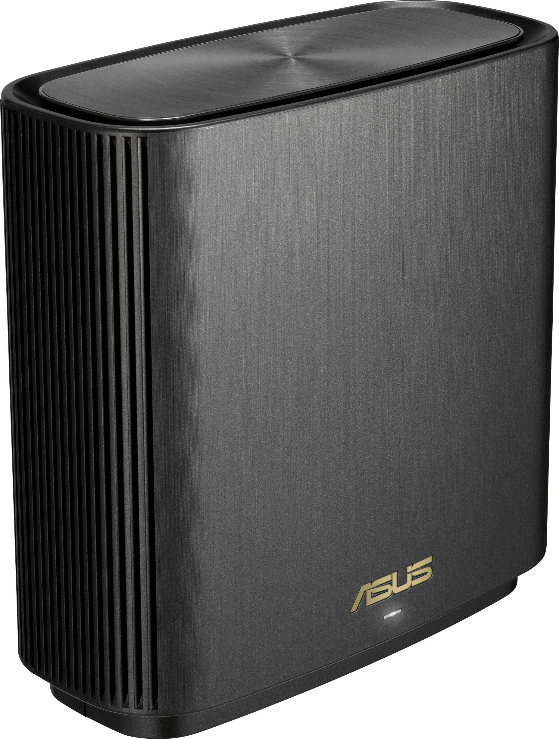 Asus usmjerivač u crnom, tankom dizajnu. Ima vertikalne ventilacijske otvore i zlatni Asus logotip u donjem desnom kutu.