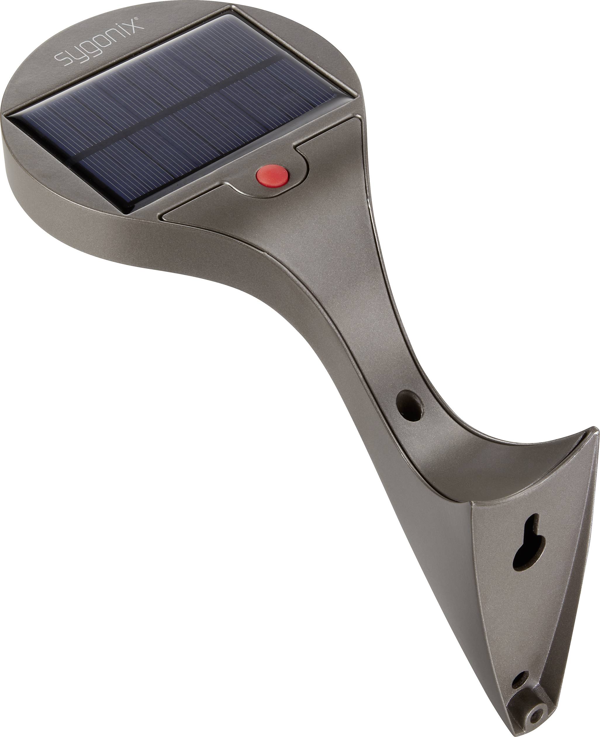 Siva zidna lampa s ugrađenim solarnim modulom i crvenim gumbom, pogodna za postavljanje na vanjske zidove.