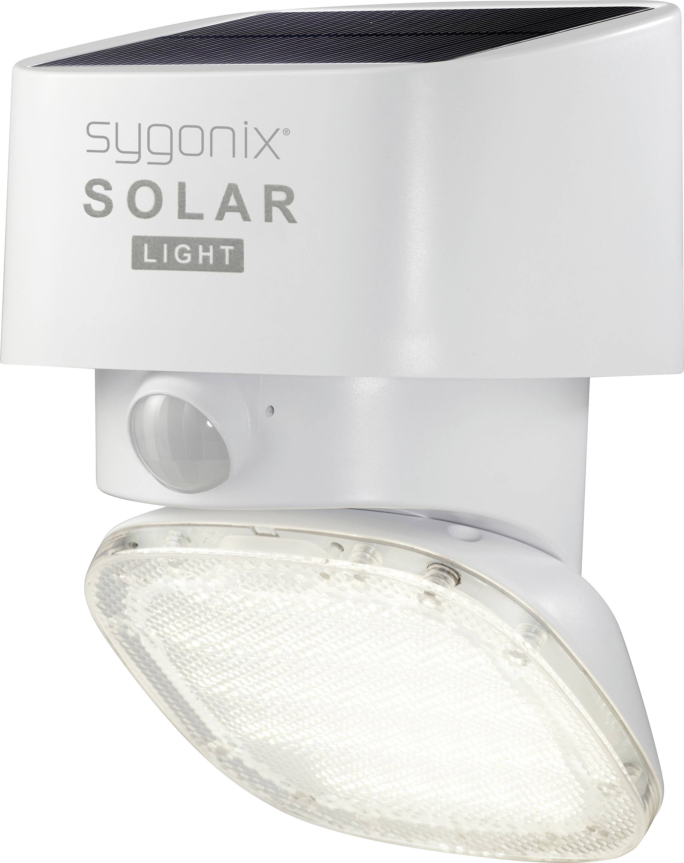 Bijela solarna lampa s senzorom pokreta i LED osvjetljenjem, pogodna za vanjsku upotrebu, s logotipom marke 'sygonix' na vrhu.