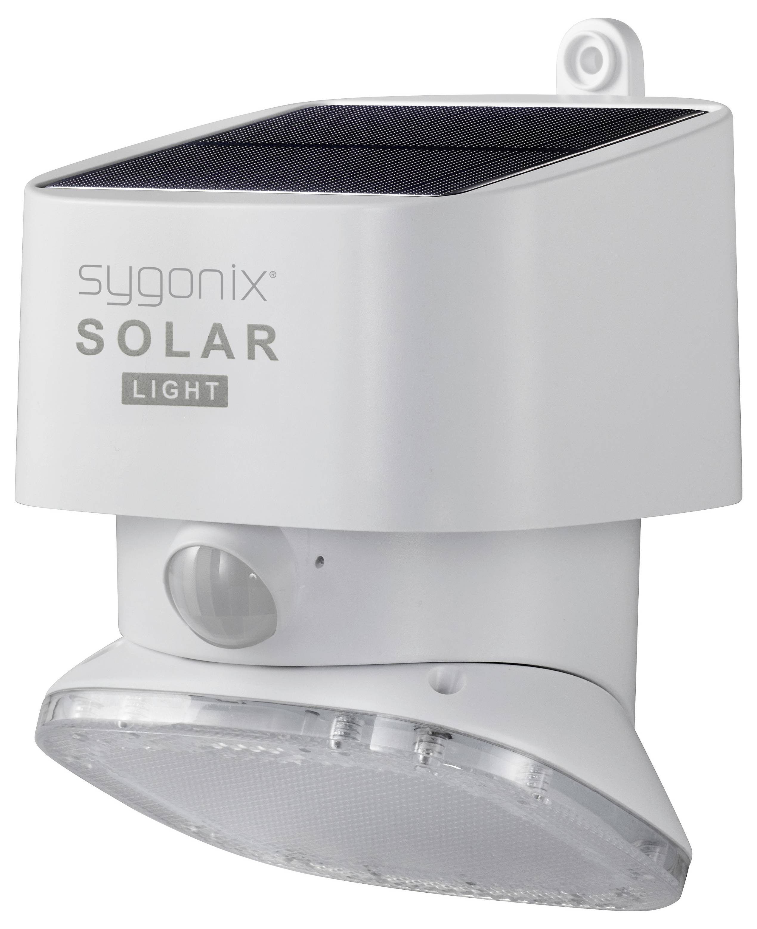 Solarna bijela sigurnosna svjetiljka marke Sygonix s detektorom pokreta, pogodna za vanjsku upotrebu.