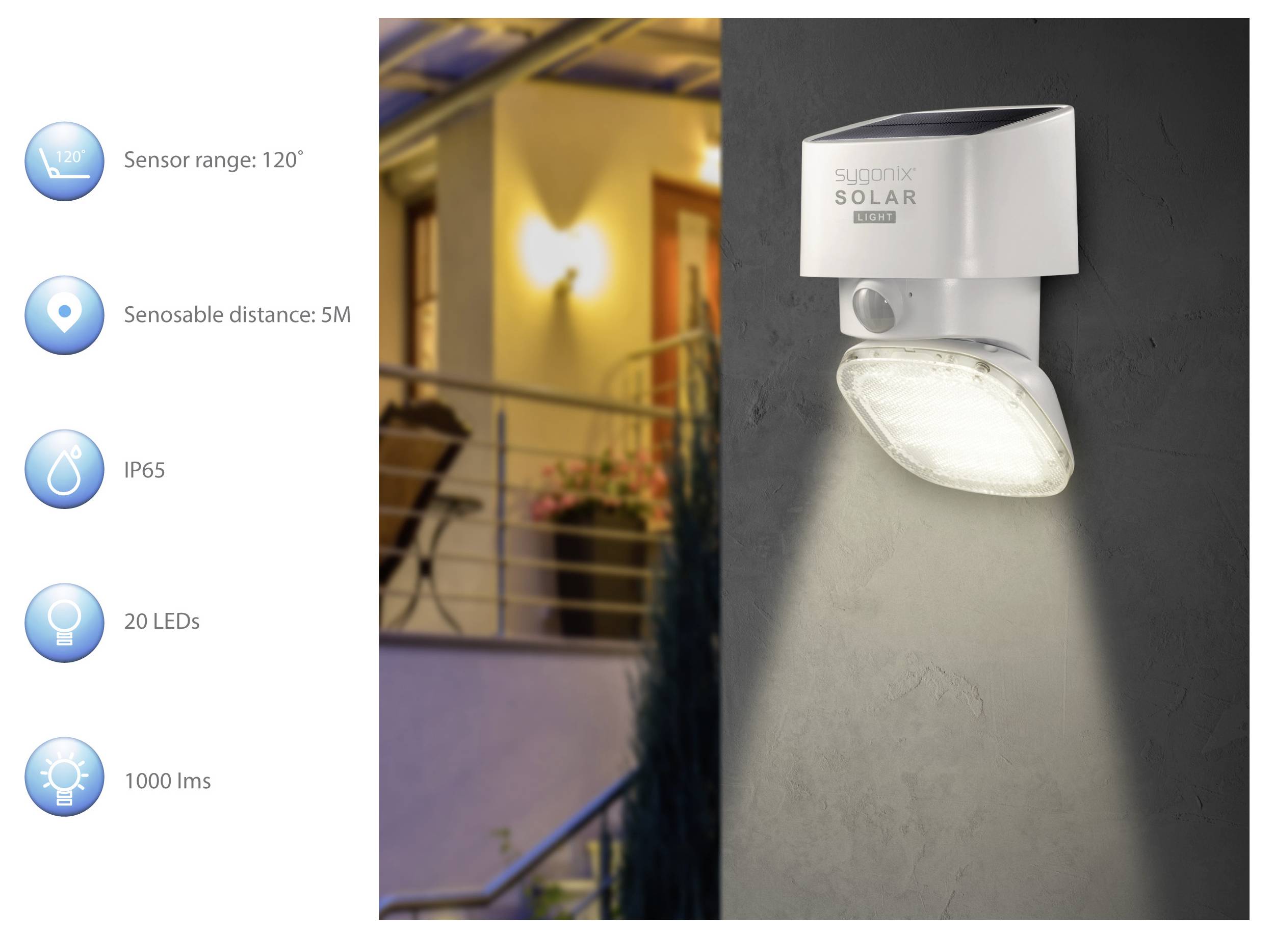 Zidna lampa za vanjsku upotrebu s senzorom pokreta, doseg od 120°, domet od 5 m, IP65 zaštita, 20 LED dioda, 1000 lumena. Kuća s vrtom u pozadini.
