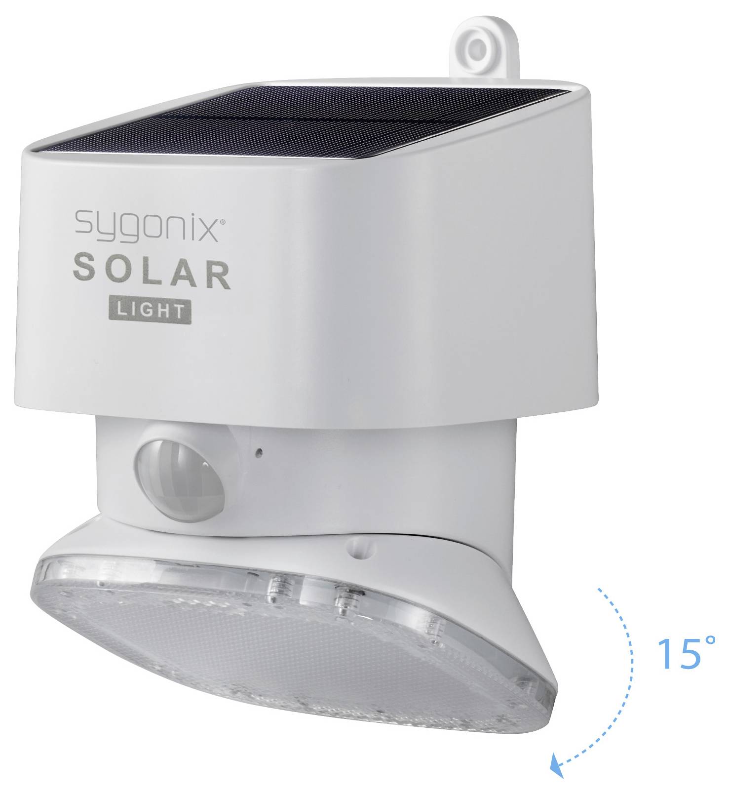 Bijela zidna solarna lampa s senzorom pokreta i nagibnom glavom svjetla. Logo 'sygonix' je vidljiv.