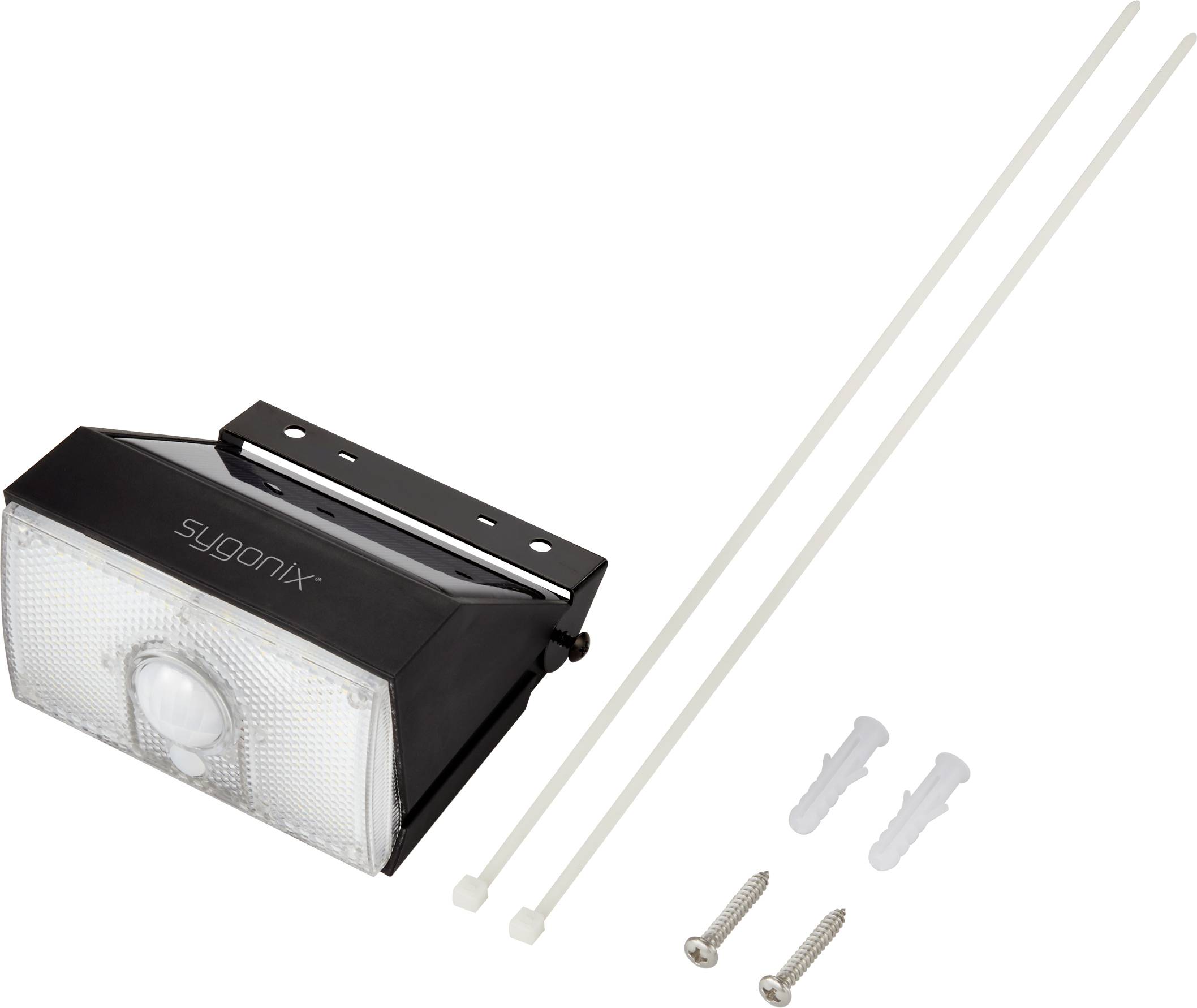 Crni LED senzor pokreta s priborom poput kabelskih vezica, vijaka i tipli. Pogodan za montažu na zidove.