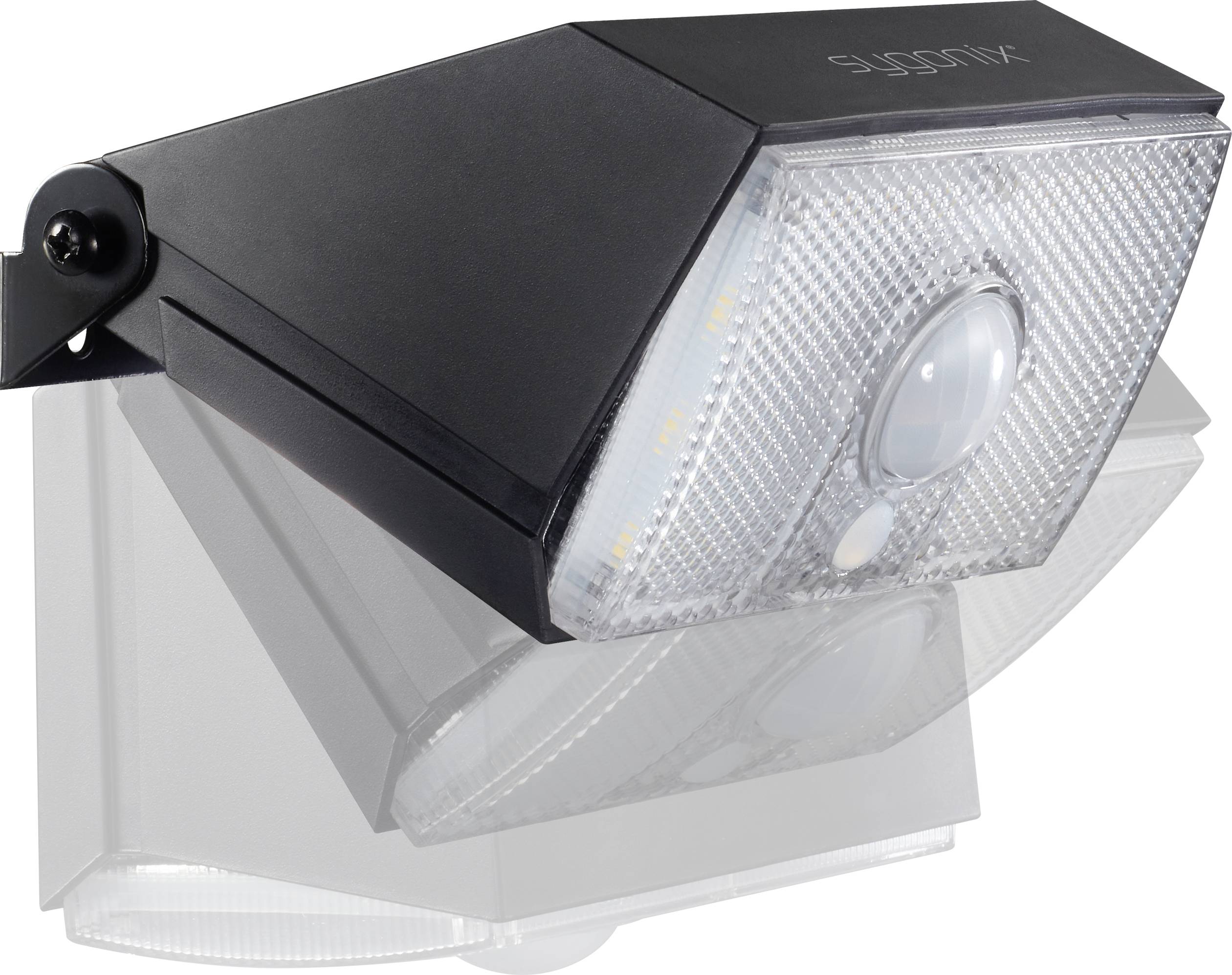 Crna LED vanjska zidna lampa s integriranim senzorom pokreta i transparentnim kućištem, namijenjena energetski učinkovitom osvjetljenju.