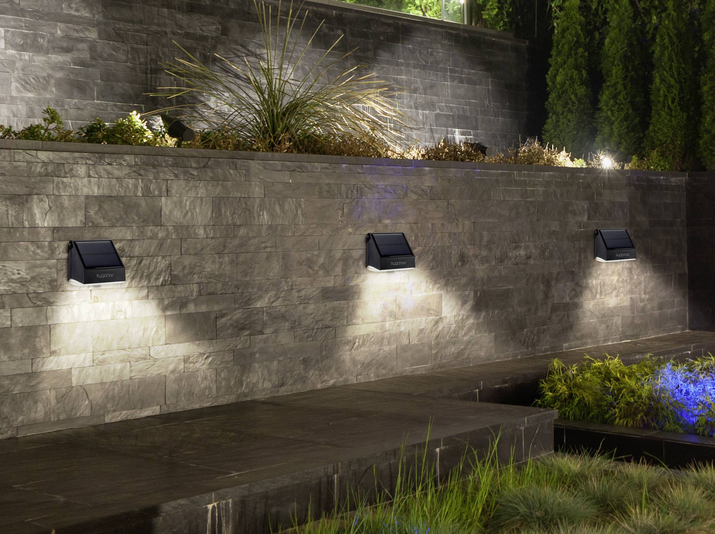 Solarne lampe osvjetljavaju sivi kameni zid u modernom vrtu noću, pri čemu su u pozadini vidljivi biljke i stabla.