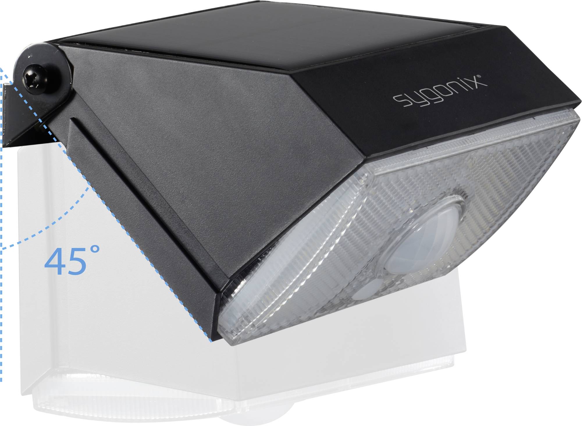 Vanjska rasvjeta s 45°-nim kutom prema zidu, crno kućište, integrirani senzor pokreta, marka 'Sygonix'. Idealna za osvjetljavanje putova.