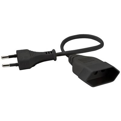 Crni mrežni kabel s europskim Schuko utikačem s jedne strane i utičnicom s druge strane.