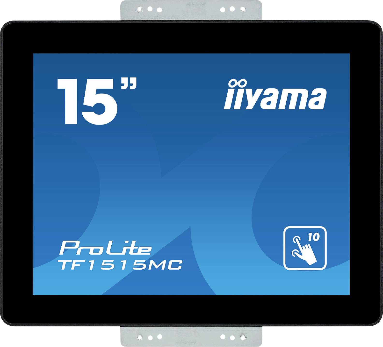 '15" iiyama ProLite TF1515MC', plavi zaslon s simbolom zaslona osjetljivog na dodir i napomenom o tehnologiji deset dodirnih točaka.