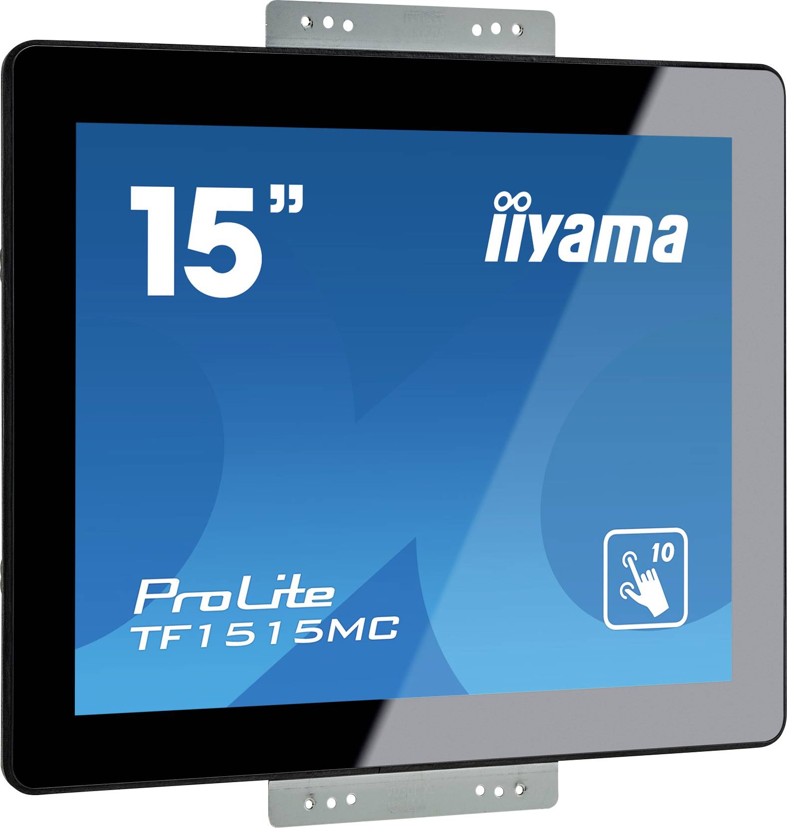 15-inčni monitor Iiyama, model ProLite TF1515MC, s 10-point touch funkcijom, prikazan na plavoj pozadini.