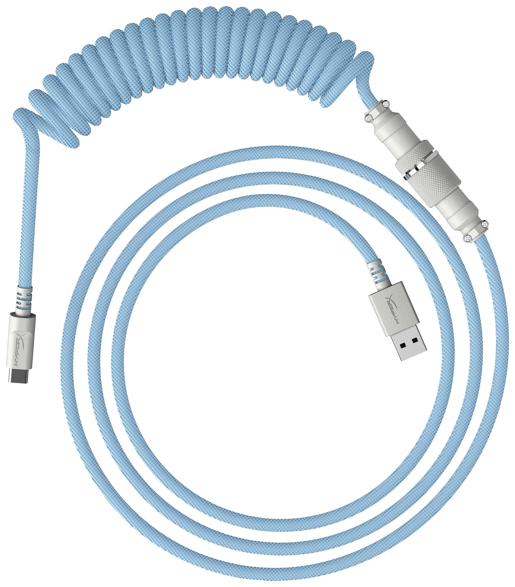Svijetloplavi spiralni USB-C kabel s čvrstom pletenom strukturom i srebrnim utičnicama. Idealan za punjenje i prijenos podataka.