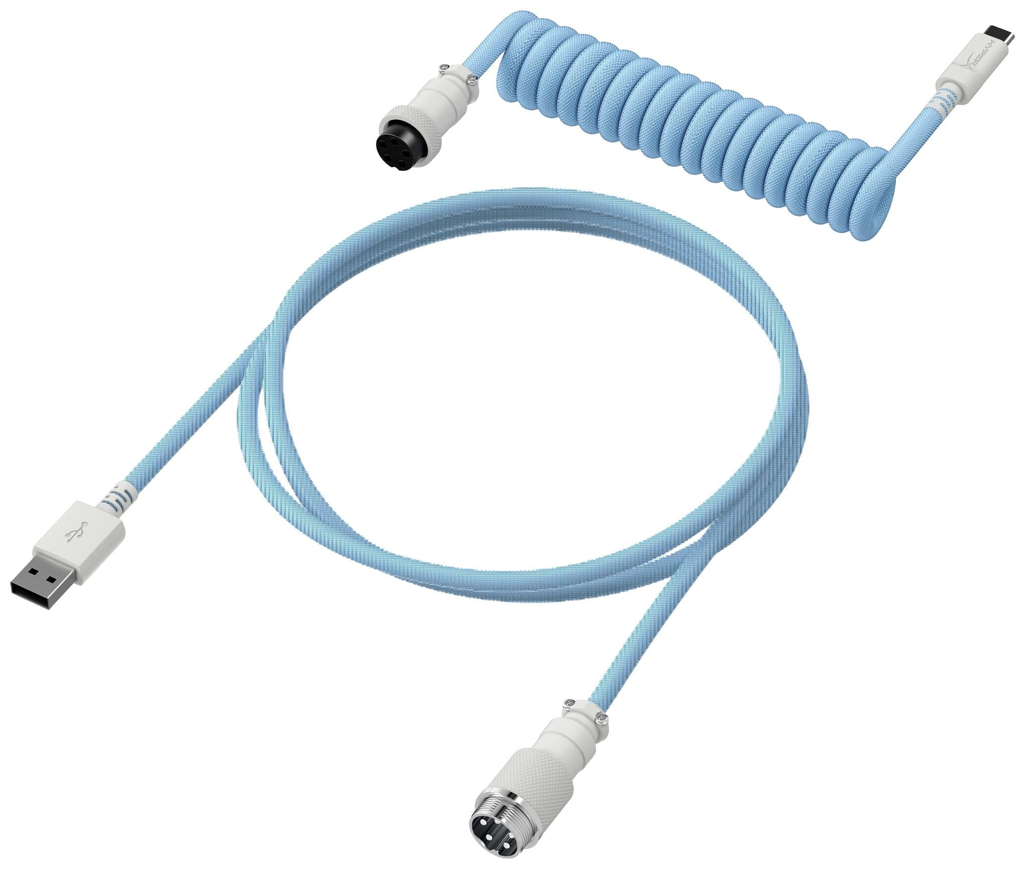 Plavi spiralni USB kabel s USB utikačem i PS/2 utikačem na krajevima, namijenjen kao kabel za povezivanje.