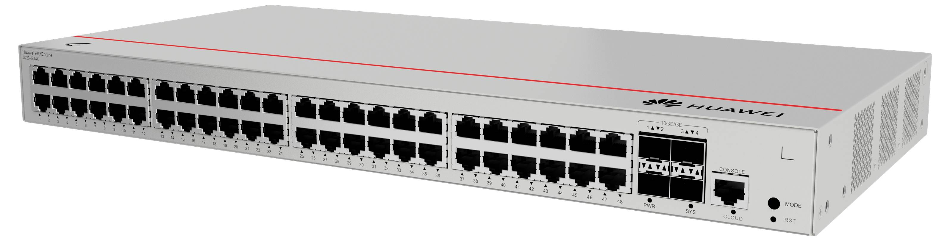 Sivi mrežni switch s više priključaka, logotip marke desno. Pogodan za velike IT mreže u poslovnim okruženjima.