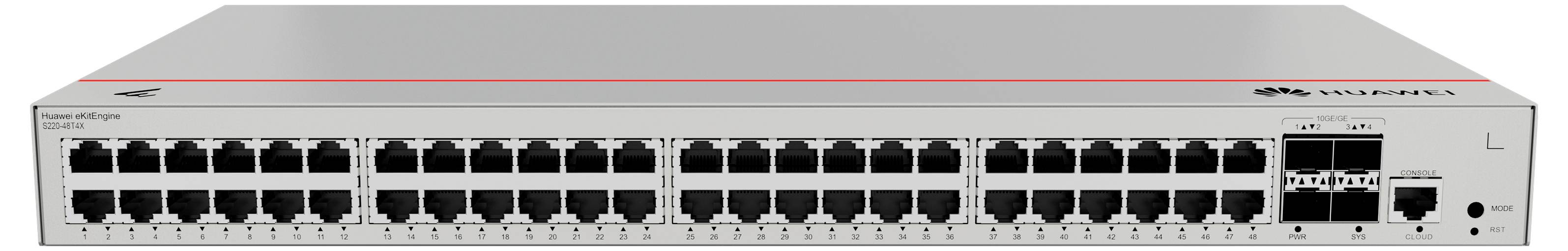 Mrežni switch s 48 Ethernet priključaka, srebrno kućište. Logotip marke u gornjem desnom kutu, crvena linija duž gornjeg ruba.