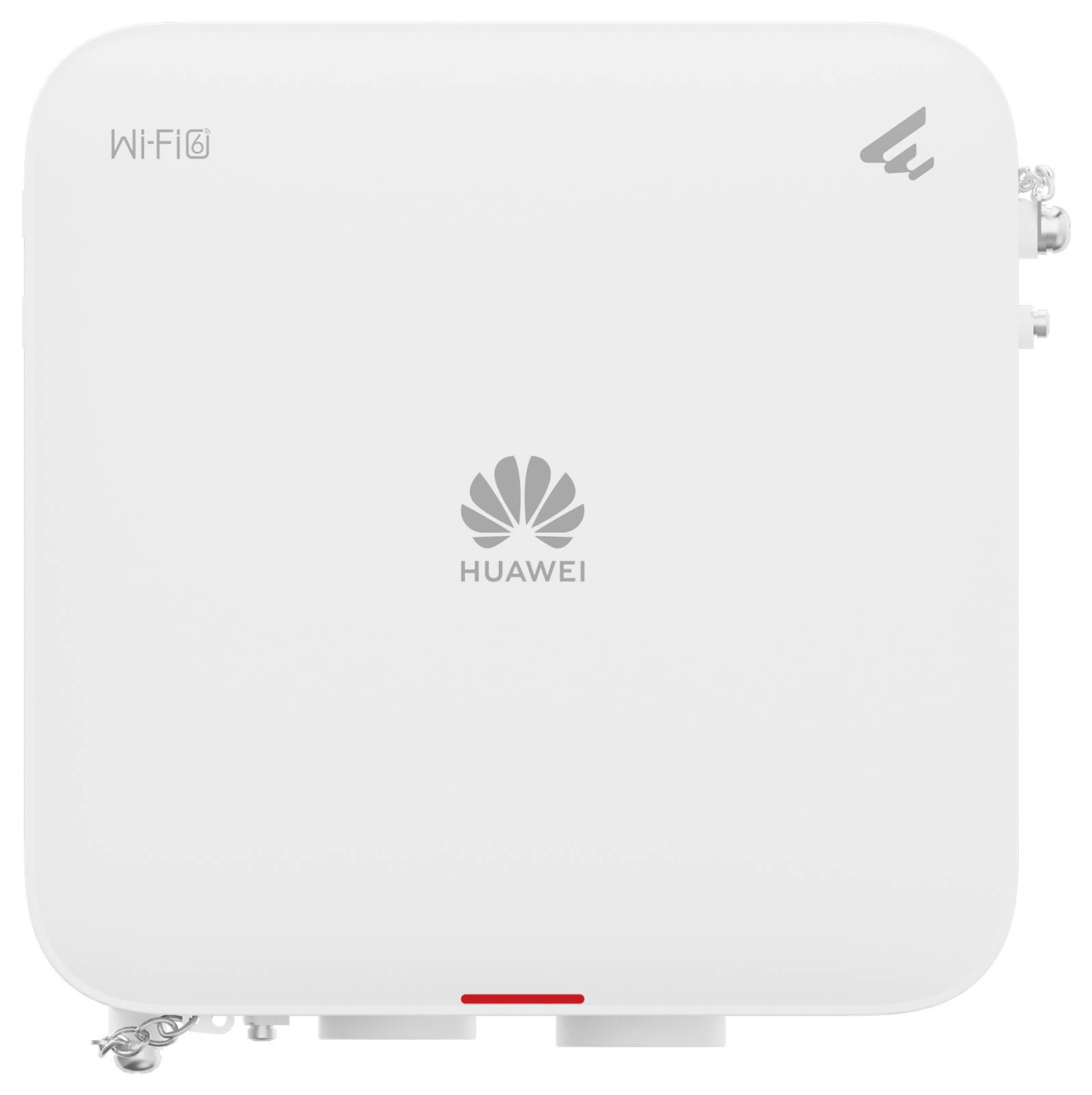 Bijeli Huawei WiFi 6 usmjerivač s Huawei logotipom u sredini. Gore lijevo piše 'Wi-Fi 6', a gore desno je simbol bežične mreže.