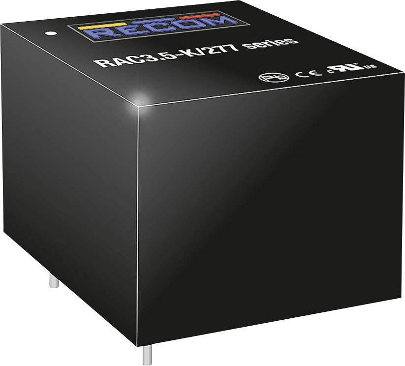 'Crni elektronički komponenent s natpisom RAC3.5-K/277 serije, CE i UL certifikacijom, dva priključna pina na dnu.'