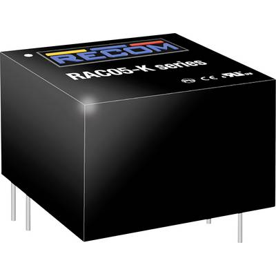 Pravokutni, crni elektronički komponenent s natpisom 'RAC05-K serija' i logotipom marke 'RECOM'. Četiri metalna priključka na dnu.