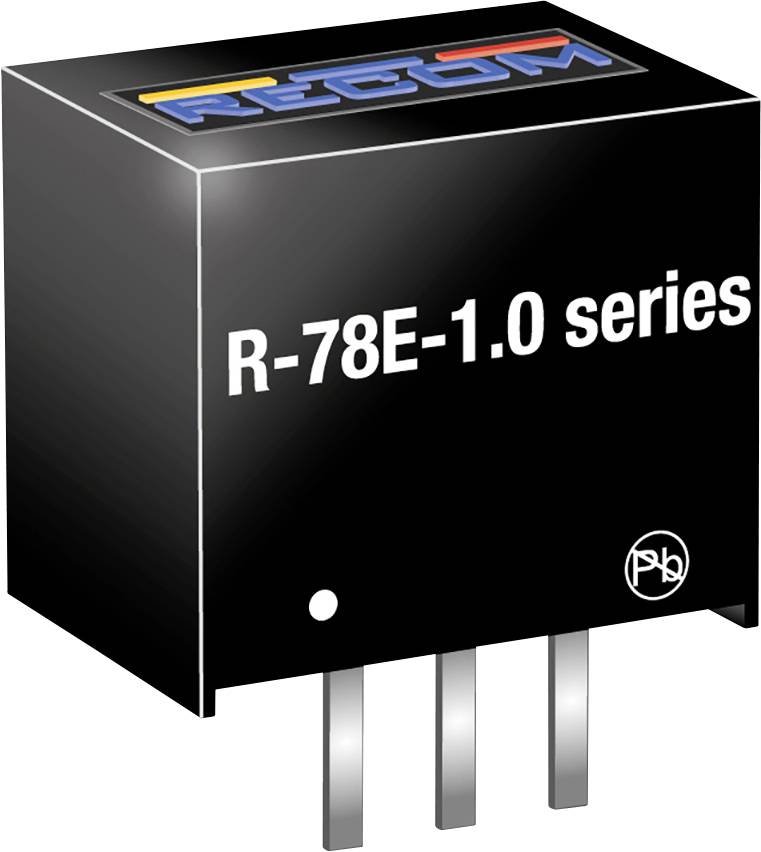 Crni regulator napona serije 'R-78E-1.0' s tri priključne pins, pogodan za napajanje elektroničkih sklopova.