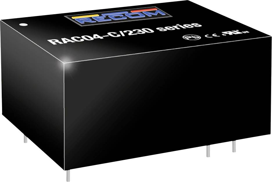 Crni elektronički modul s natpisom 'RAC04-C/230 serija'. Sadrži CE i UKCA certifikate. Četiri priključne čivije na dnu.