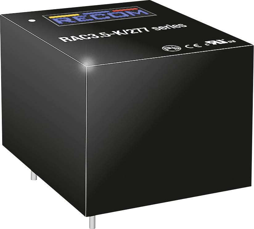 Crni energetski učinkoviti pretvarač iz serije RAC3.5-K/277 tvrtke RECOM s CE i TÜV certifikatima, pogodan za elektroničke primjene.