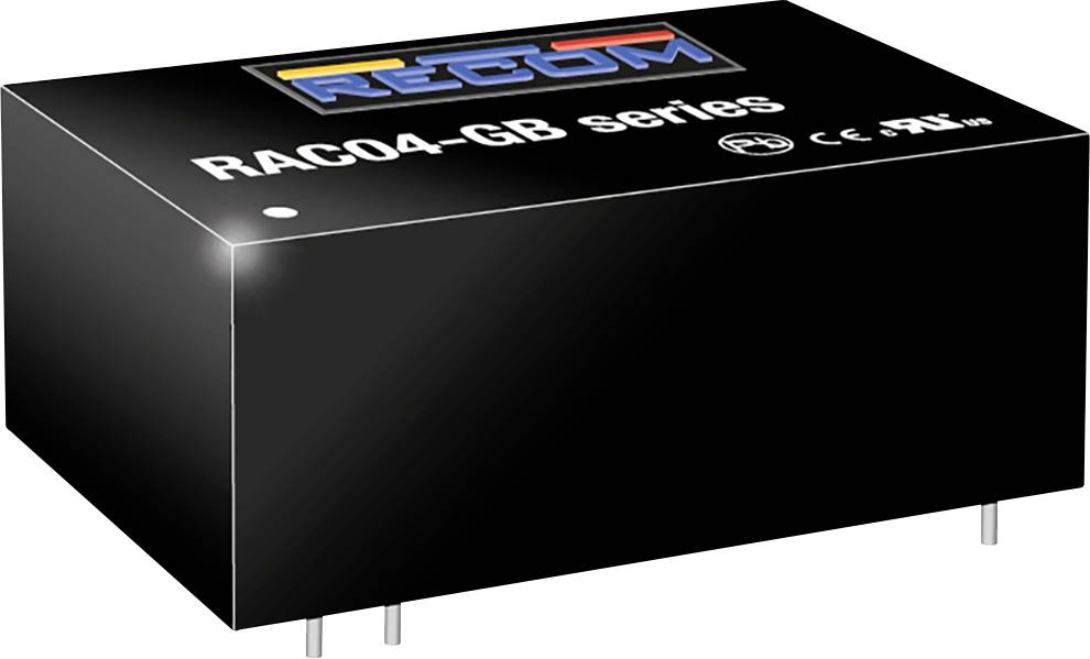 Slika prikazuje pravokutni crni električni komponenten iz serije 'RAC04-GB' s logotipima sigurnosnih certifikata na gornjoj strani.