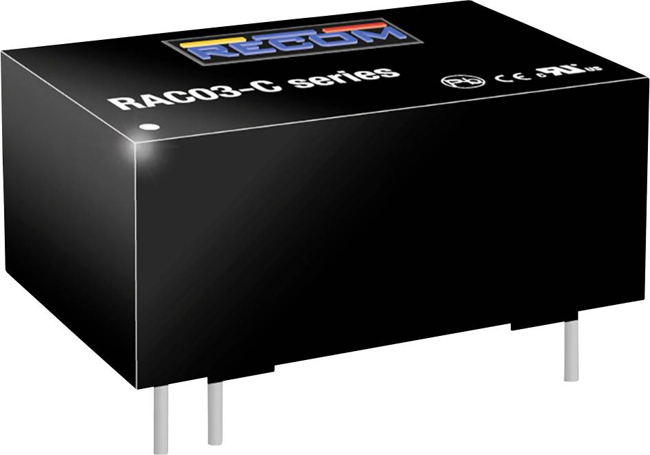 Crni elektronički komponenent marke RECOM, serija RAC03-C. Prikazuje logotipove za CE i ostale certifikacije.