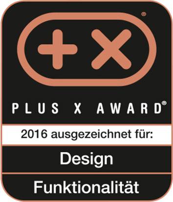 'PLUS X AWARD 2016 nagrađen za: Dizajn, Funkcionalnost'. Logo prikazuje znakove Plus i X u ovalnom okviru.