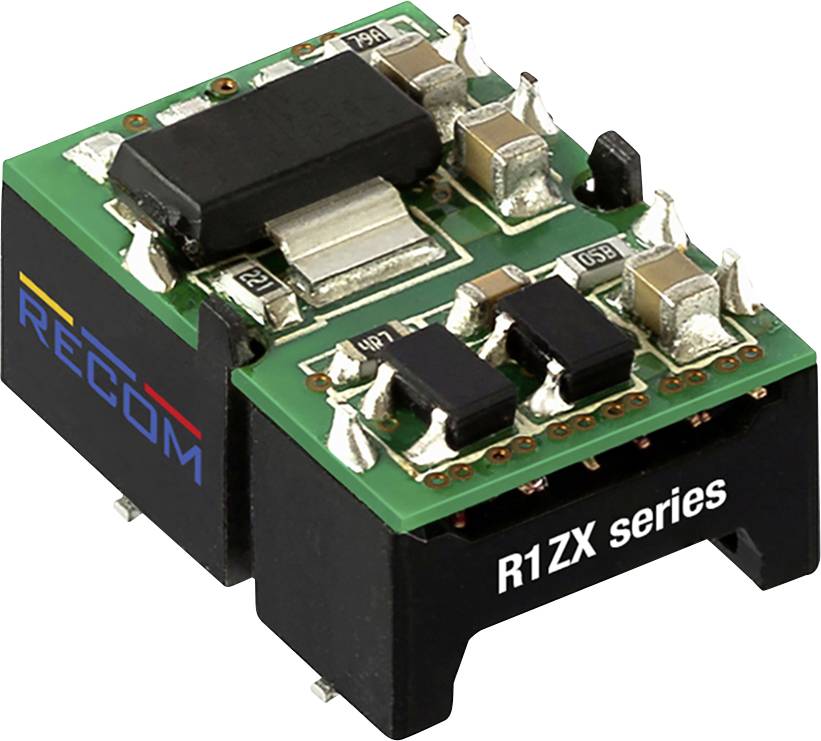 Mikroelektronički pretvarač napona marke Recom, R1ZX-serije, montiran na crnom postolju.