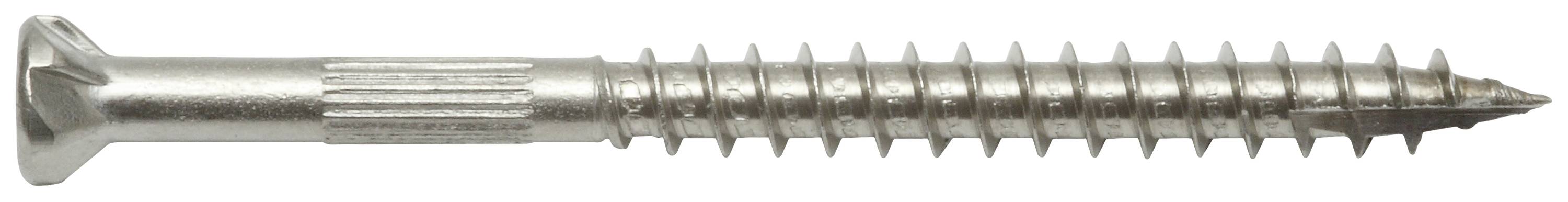 Metalni vijak s ravnom upuštenom glavom i grubim navojem. Izrađen je od nehrđajućeg čelika srebrne boje, pogodan za spajanje drva i metala.